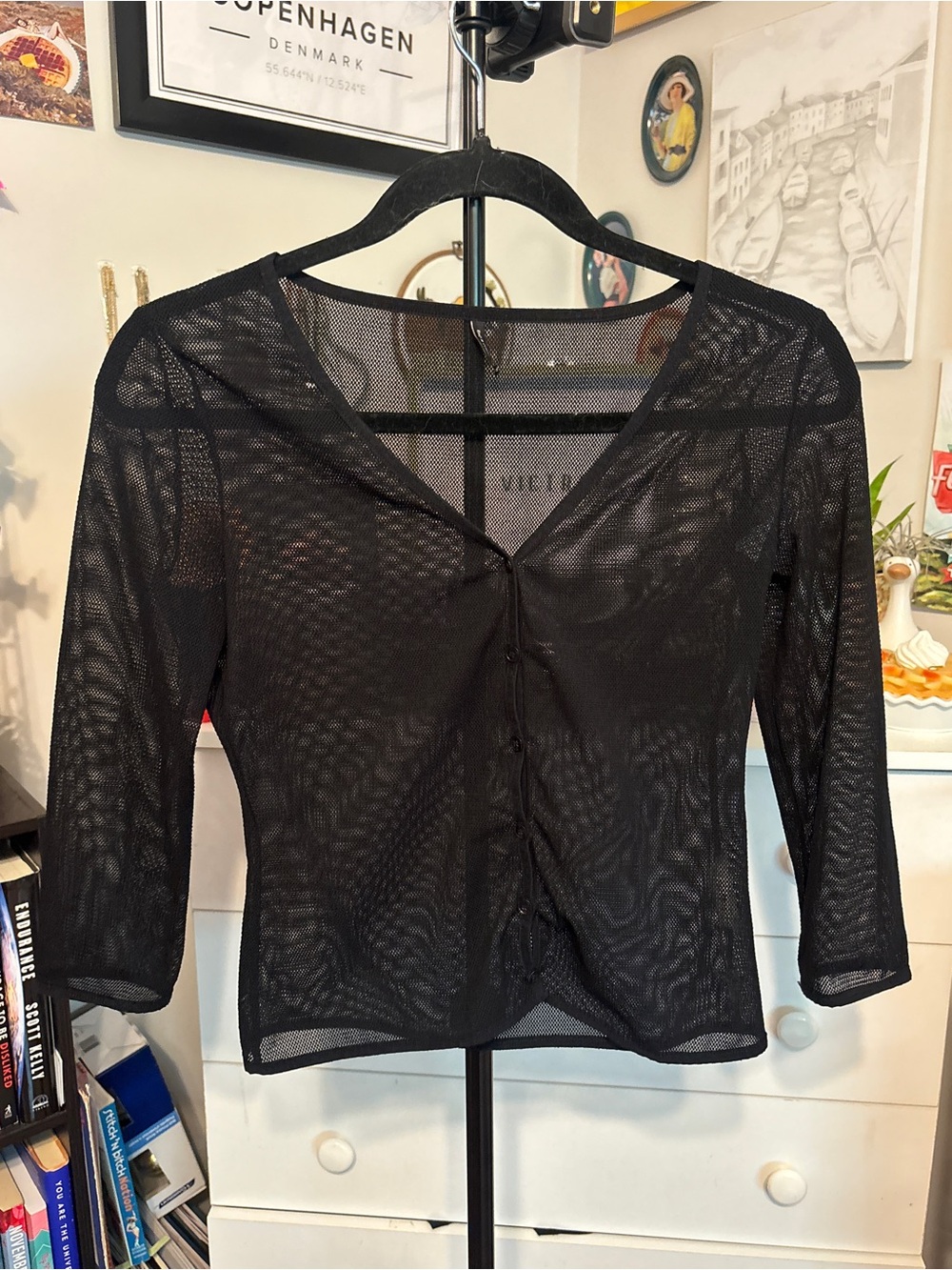 Vietri Black Sheer Button-Front Mesh Top